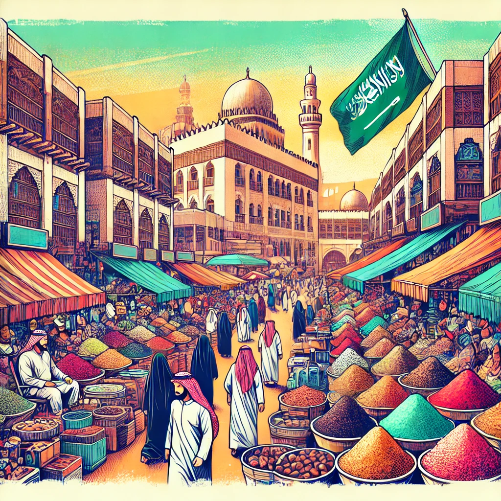 Illustration du marché Al Zal, un souk traditionnel animé à Riyad